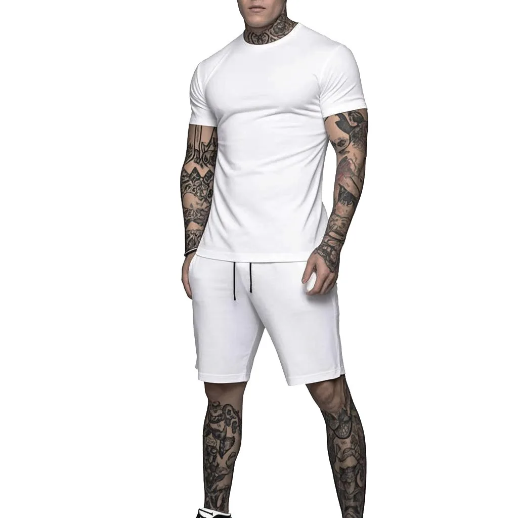 2025European and American Summer Men's Short Sleeved Shorts Set 2-piece Breathable Sports Set Solid Color T-shirt+cropped Shorts