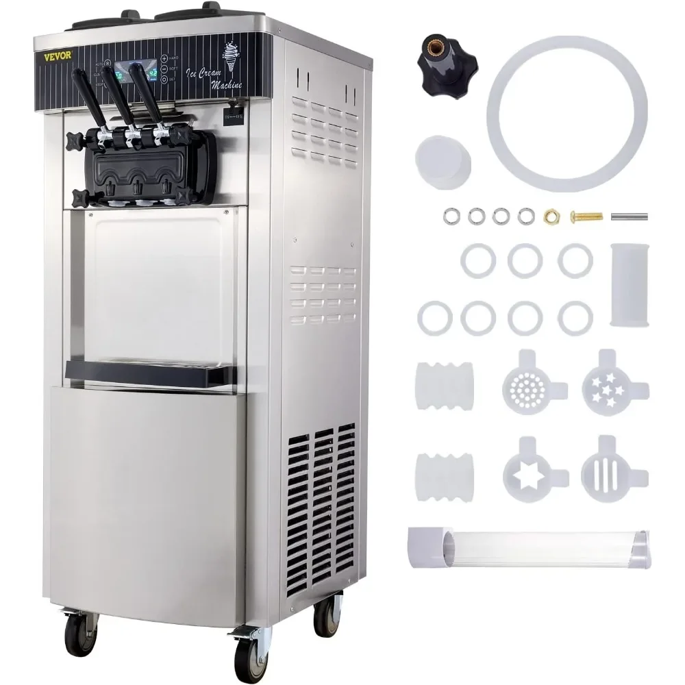 2200W Commercial Soft Ice Cream Machine 3 Flavors 5.3 to 7.4 gallons per hour Automatic Cleaning LED Panel