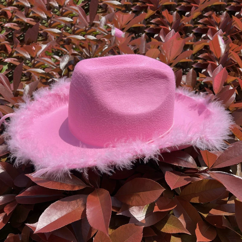 Chapeau de Cowboy Rose à Large Bord et Lisière Rugueuse, Plumes, Accessoires Décoratifs de Carnaval, Cosplay, de Tir de Rue