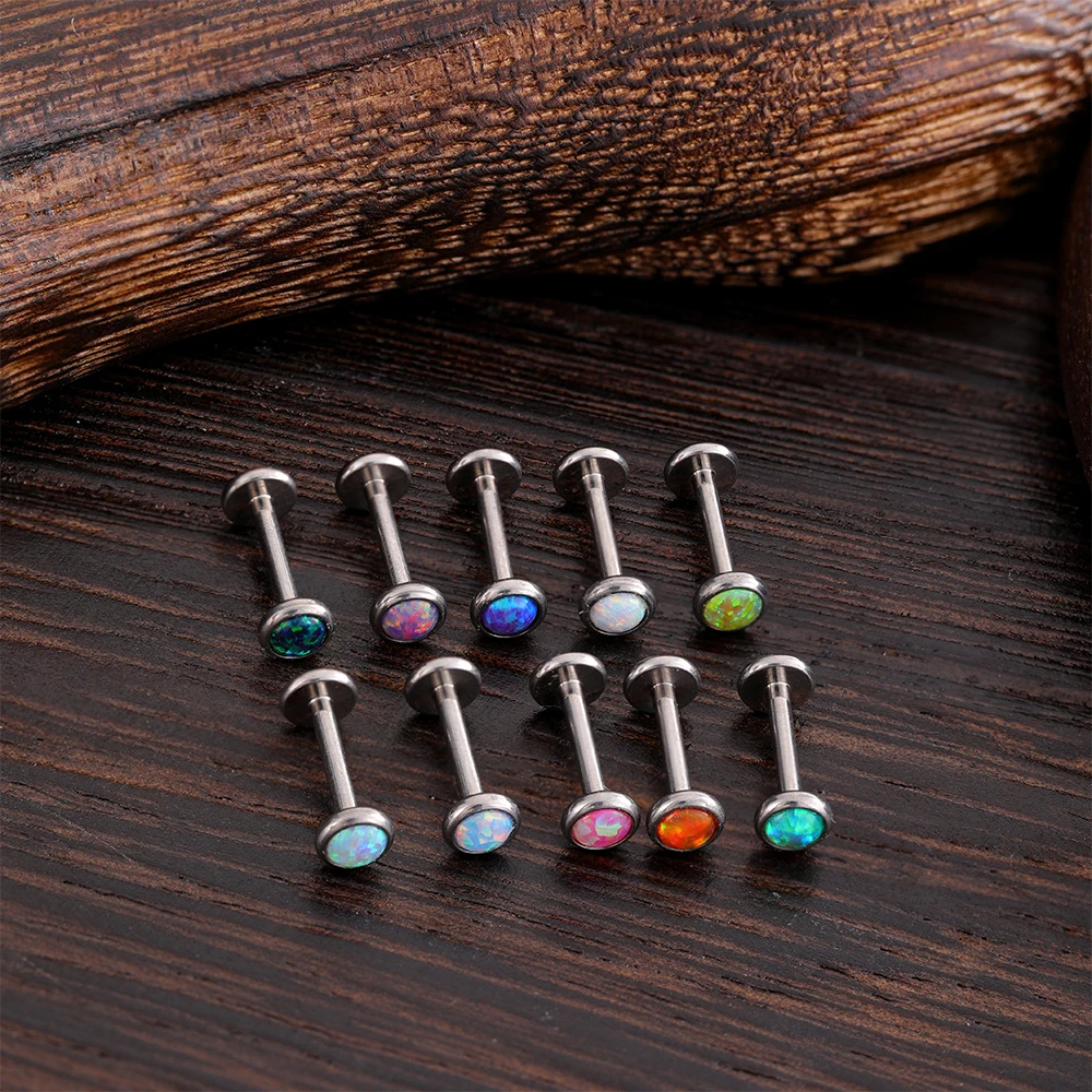 G23 Titanium Nose PIERC Conch Cartilage Push Pin insertion Ear Studs Labret Flat Back Opal Lip Studs Fashion Piercing Jewelry