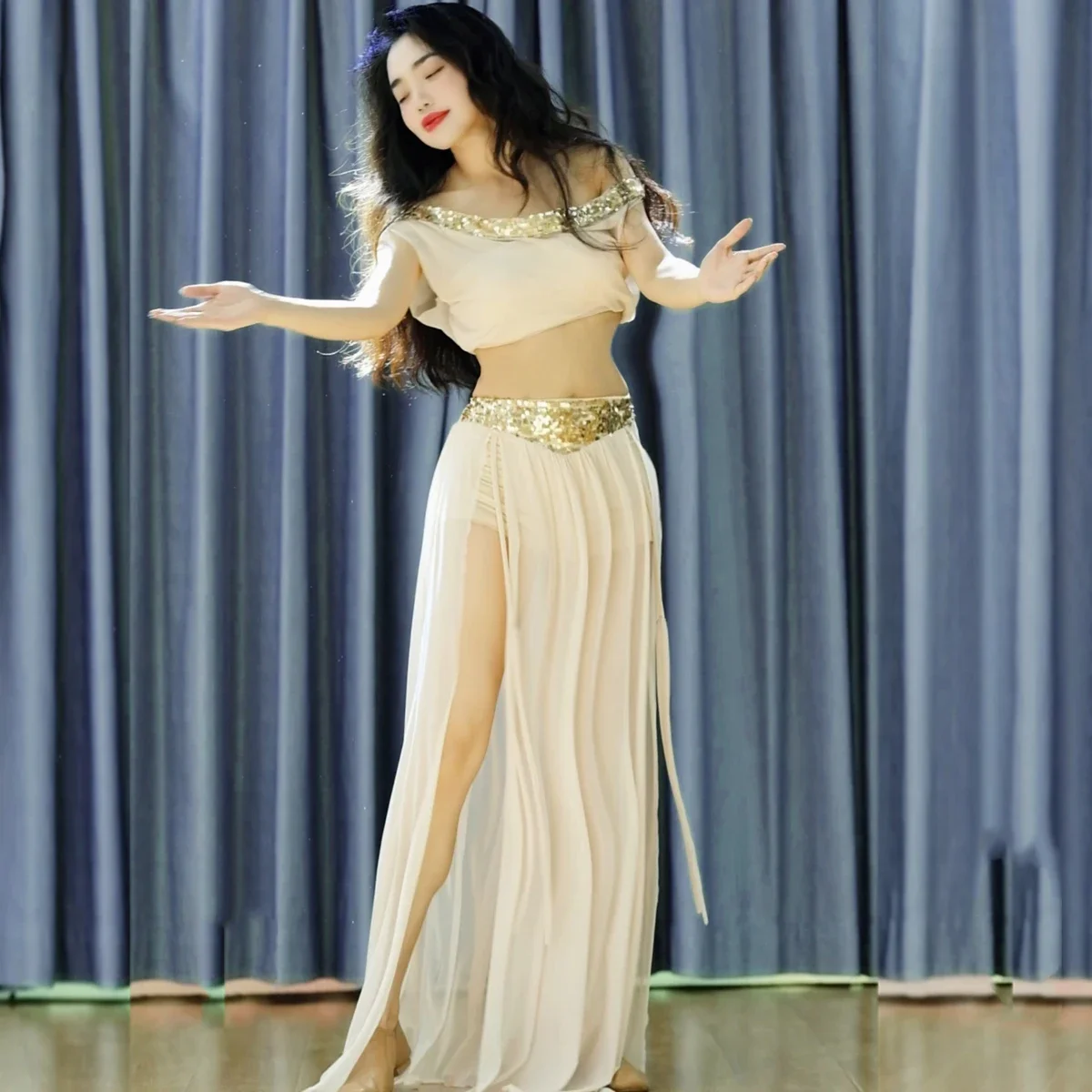 

Belly dance practice clothes comfortable and breathable mesh set adult female Oriental dance professional performance costume