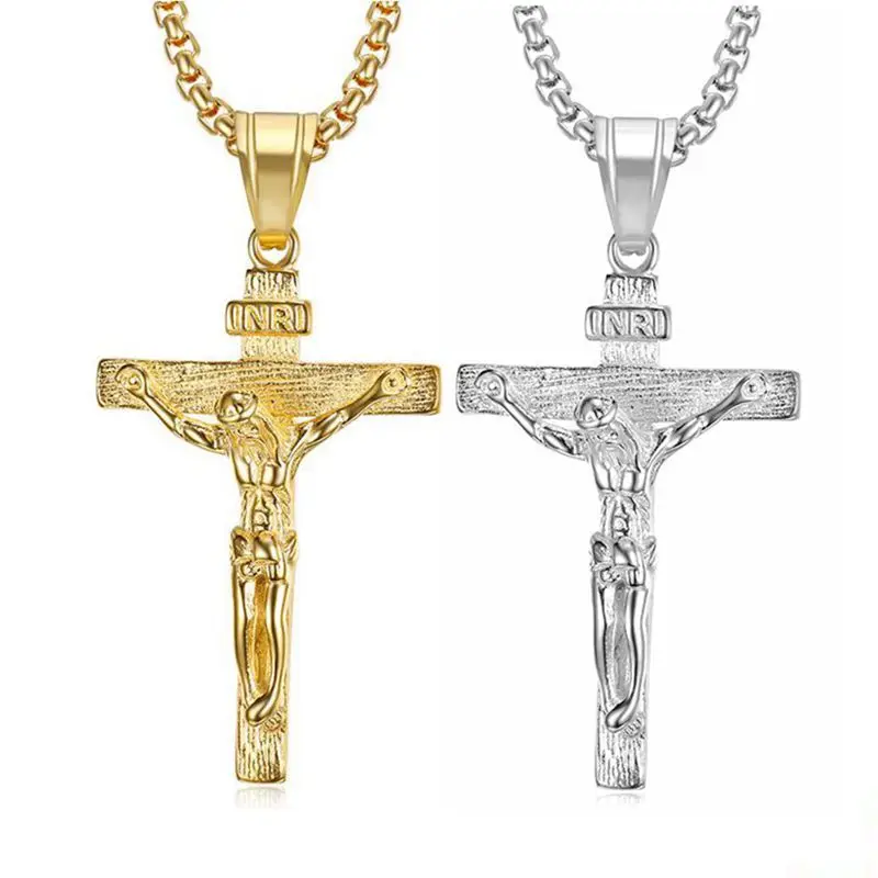 Hip Hop Rock Stainless Steel INRI Jesus Cross Crucifix Pendant Necklaces for Men Jewelry Father Gift Gold Silver Color