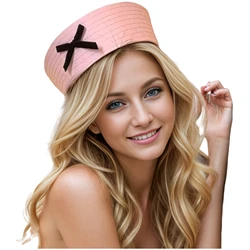 Kawai Bow Nurse Hat Sexy Doctor Women Halloween Costume Lovely Pink Pink Hat Flip Brim Cap Versatile SweetyJK Beret Navy Beret