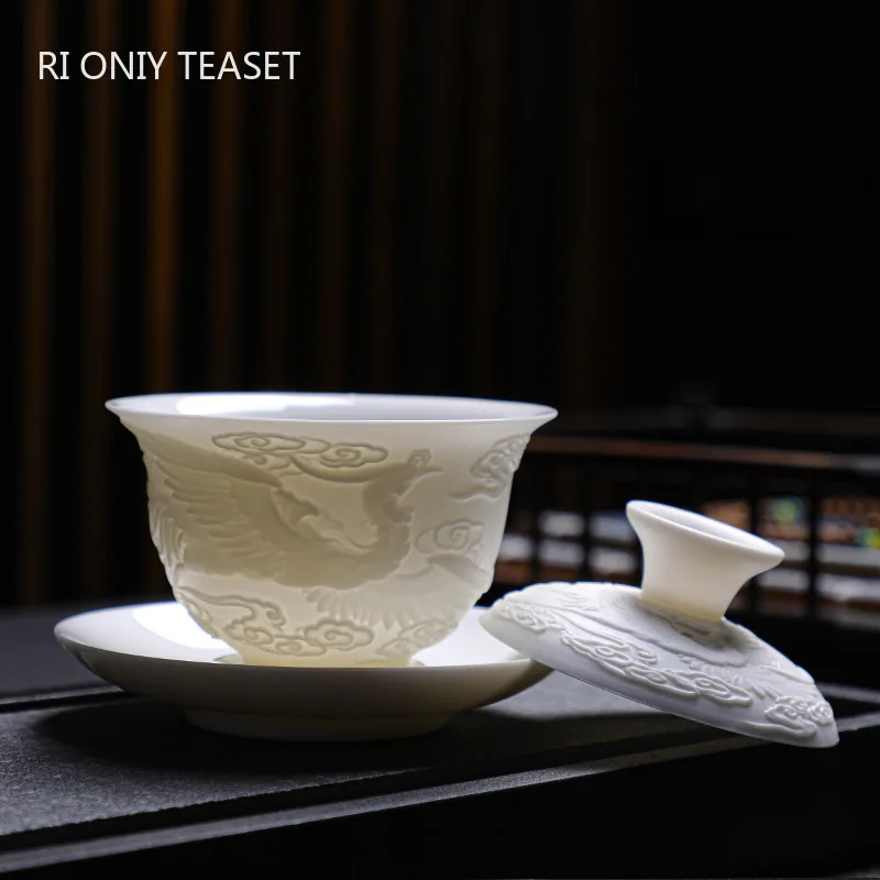 

140ml Chinese Ceramic Gaiwan Teacup Handmade Three-dimensional Relief Dragon Tea Tureen White Porcelain Tea Bowl Teaware