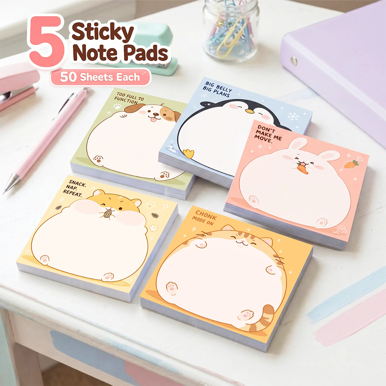 5 PCS Cute Sticky Notes, 250 Sheet, Kawaii Animal Memo Pads, Cat Dog Bunny Penguin Self-Adhesive Reminder Notes, Blank Notepad