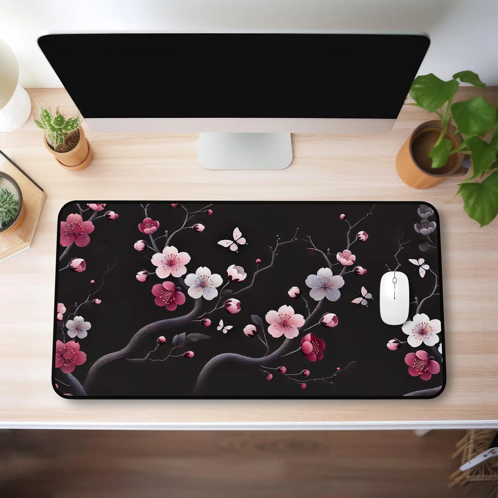 

Elegant Cherry Blossom Desk Mat, Black Floral Pattern Mouse Pad, Non-slip and Waterproof Desk Mat, Perfect for Gaming and Work