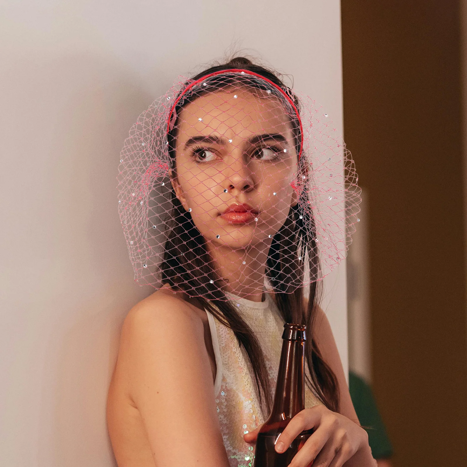 

Red Mesh Birdcage Veil Headband Vintage 1920S Flapper Fascinator for Wedding Party Bridal Shower Race Day Elegant Sun Protection