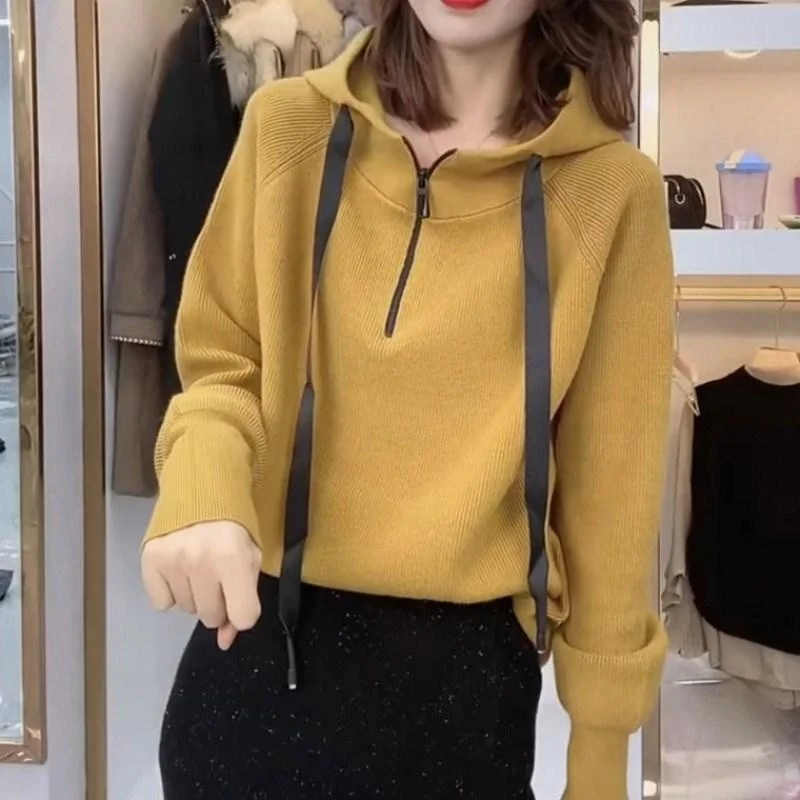 

Knitted Lantern Sleeve Sweater Coat Autumn Women's Pop Hooded Pullover Half Zipper Loose Casual Sweater Japanese Streetwear