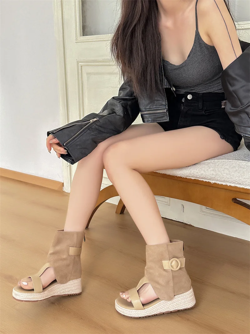 Bohemia Boho Ethnic Straw Hemp Weave Rope Shoes Gladiator Rome Sandals Summer Cut Out High Top Ankle Boots Flat Wedge Heel