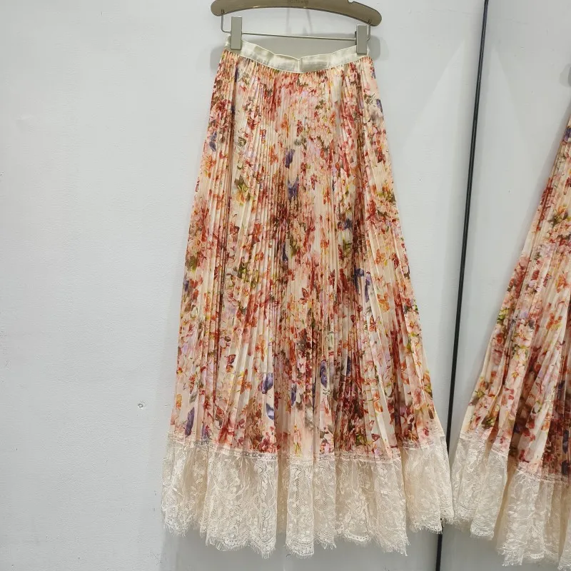 

Women Monet Oil Painting Floral Pleated Maxi Skirt Lace Patchwork Romantic Long Skirt