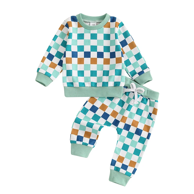 

Boy Autumn 2PCS Outfit Sets Long Sleeve O Neck Checkerboard Print Tops Pants Sets