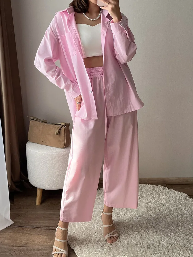 Streamgirl Linen Pants Sets For Women Summer Suits Pink Two Piece Trouser Women's Suit Sets Linen Shirt Set Oversize Outfit Suit