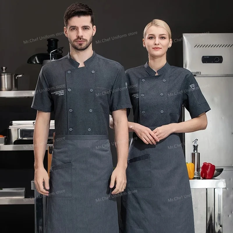 Short sleeve Chef uniform with apron Chef shorts Men Chef coat Jacket Restaurant Kitchen Summer black sushi work clothes logo