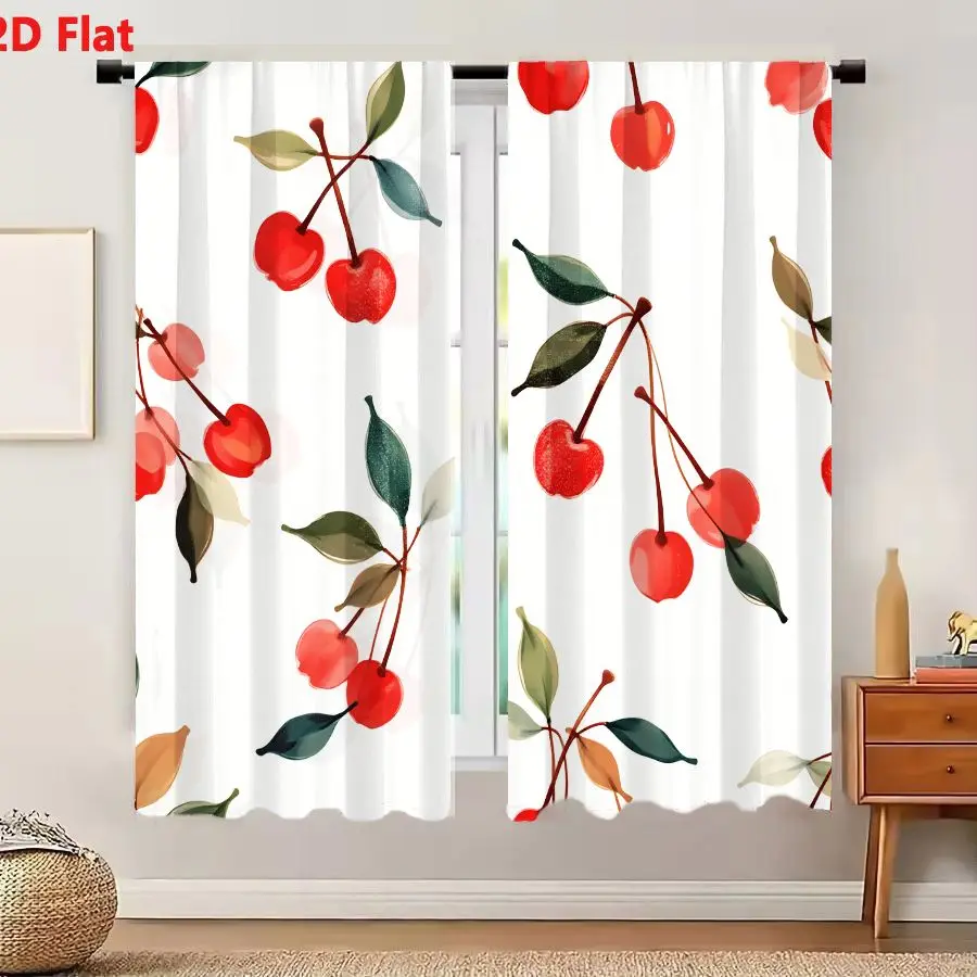 2Pcs Curtains 2D Flat Seamless Pattern With Stylized Red Cherries And Green Leaves On White Background, Delicate Artistic Whimsi