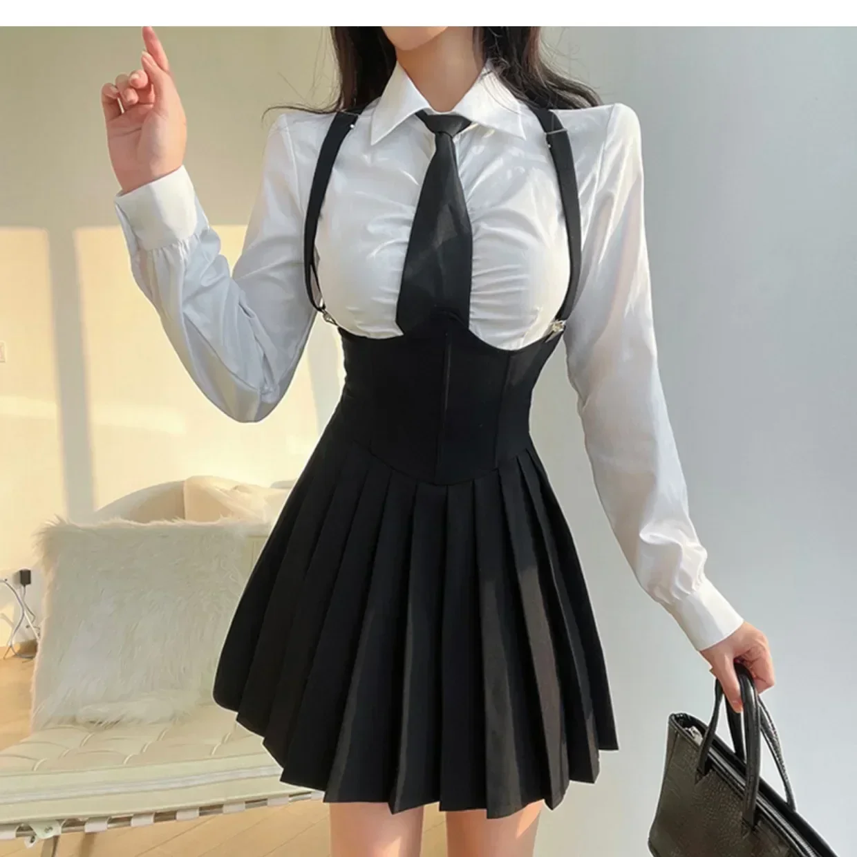 Women Size 4XL Sexy JK Uniform Suit Slim American Sugar Spicy Girls College Style Uniform Set Shirt White + Strap Pleated Skirt