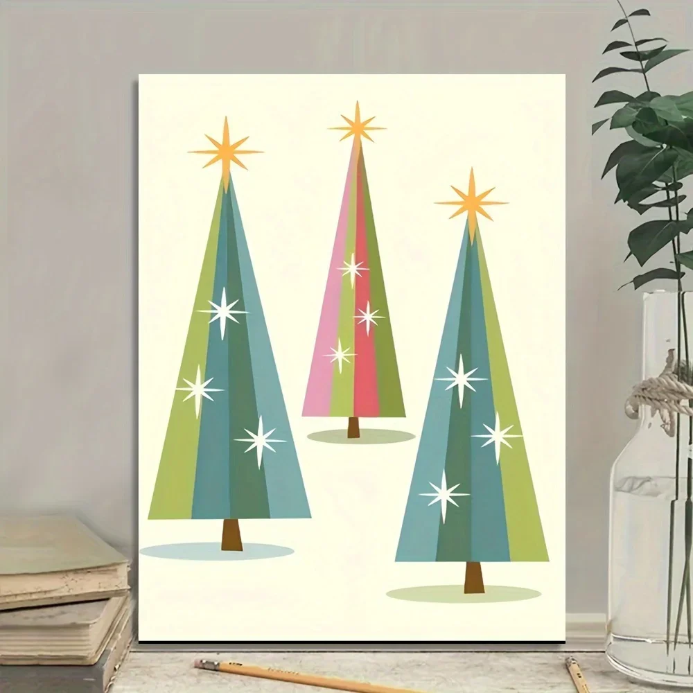 (No frame)Canvas Artwork Featuring a Wooden Frame, Depicting a Retro-Style Christmas Tree, Perfect for Medieval Modern Decor