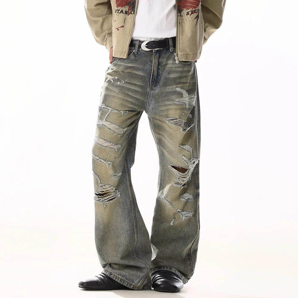 Men Women High Street Hip Hop Broken Holes Denim Ripped Jeans Pants Couple Streetwear Straight Vibe Baggy Jeans Pant Trousers