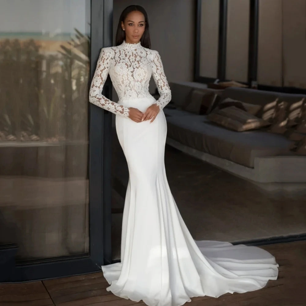 

Classic Mermaid Wedding Dress 2026 High Neck Long Sleeves Lace Satin Bridal Bride Gown Women Arabic vestidos de novia