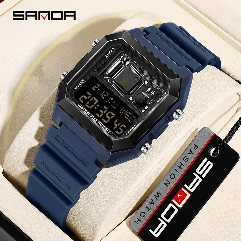 Sanda 6216 masculino e feminino estudante relógio eletrônico novo quadrado multi funcional reloj hombre presente contagem regressiva relógios de pulso