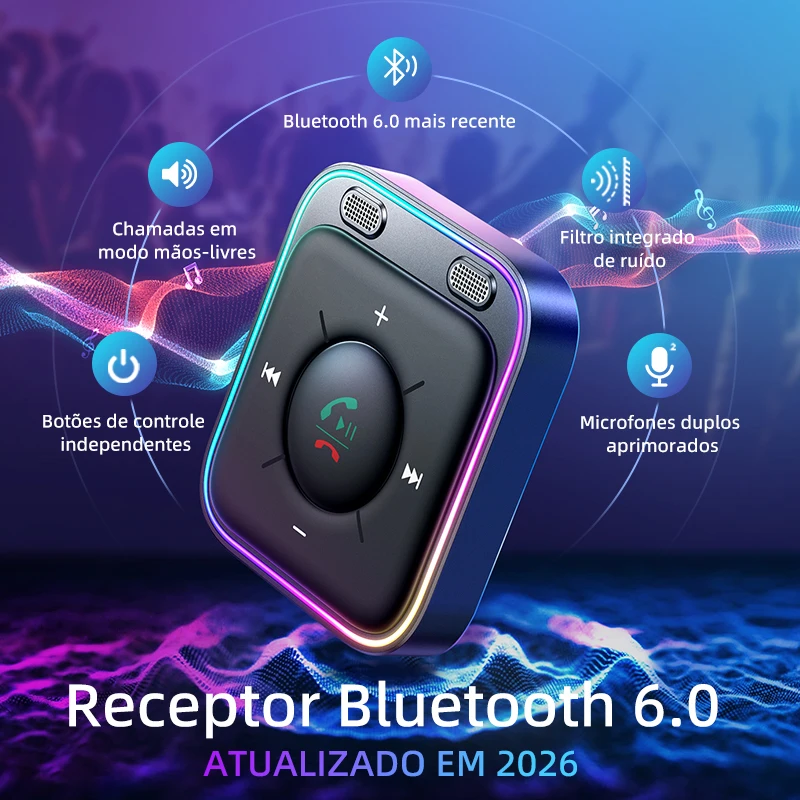 Adaptador Bluetooth 6.0 Sem Fio Joyroom para Carro com Microfones Duplos Aprimorados e Cancelamento de Ruído ENC, Adaptador AUX 3.5mm para Carro com Função Mãos-Livres