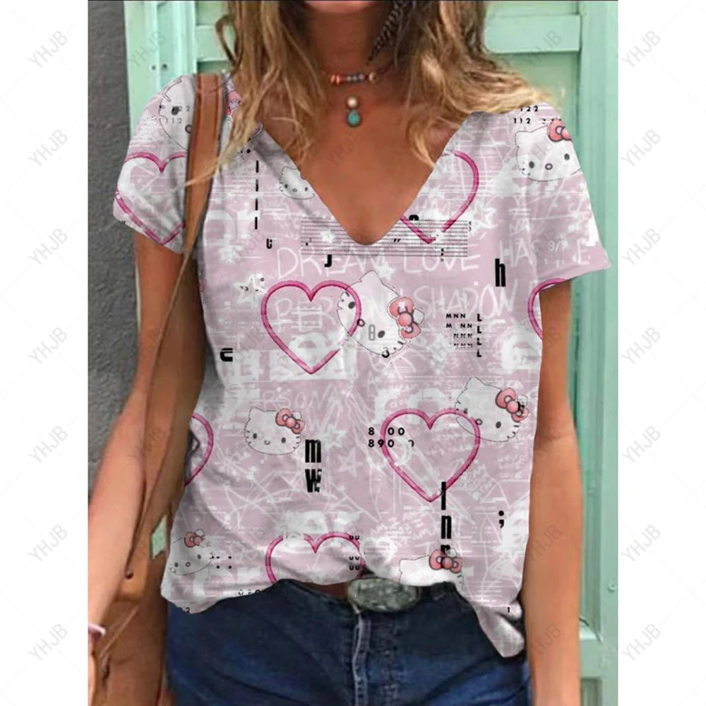 Hello Kitty V-neck  Female T Shirts  Graphic Top Women's Cartoon T-shirt Korean Popular Clothes Short Sleeve Woman Casual Tee