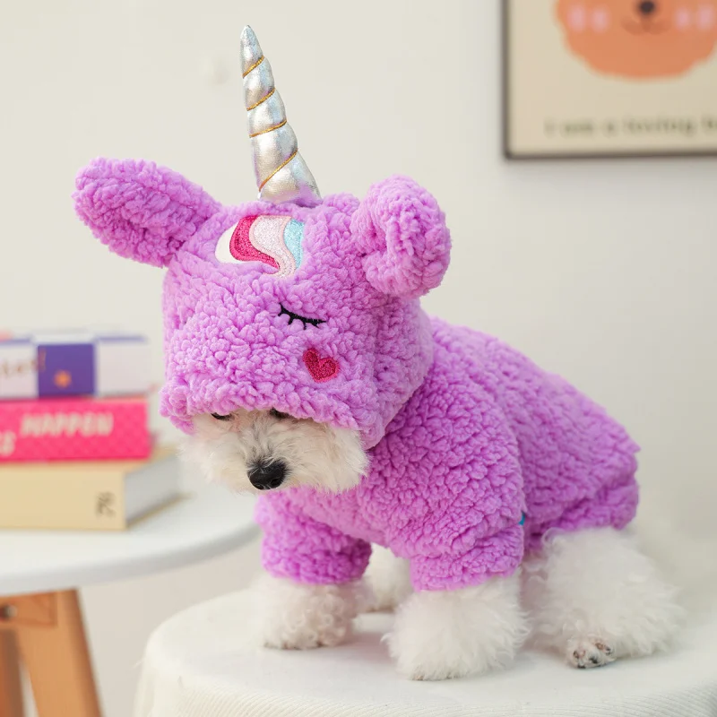 

Pet Dog Cat Costume Purple Pony Fleece-Lined Winter Warm, Cute Small Puppy Cozy Autumn Transformation Outfit Onesie