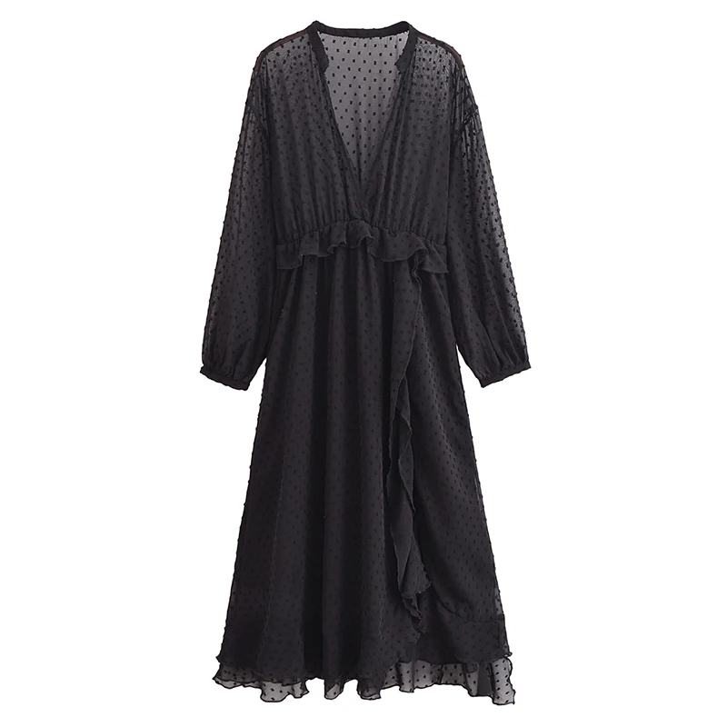 

Spring 2025 Women Vintage Black Dotted Ruffle Long Dress Lace Trim V Neck Elastic Waist A-line Casual Dresses Maxi Vestidos