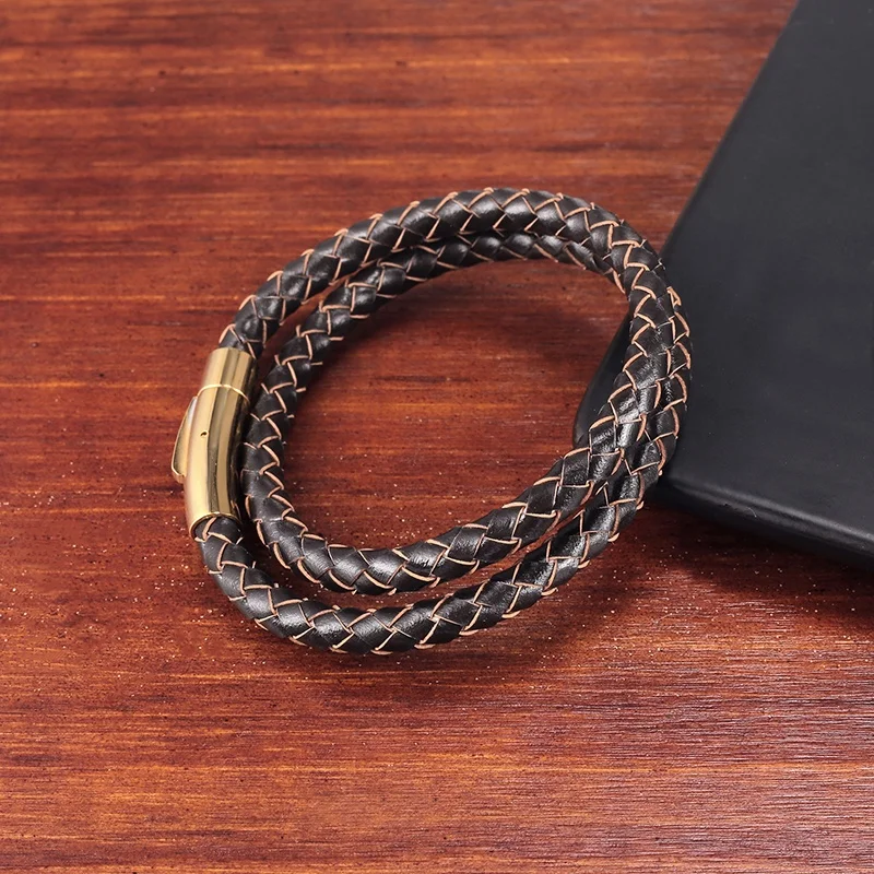 

Moocare Stainless Steel Clasp Braided Layer Wrap Brown Leather Bracelets for Men