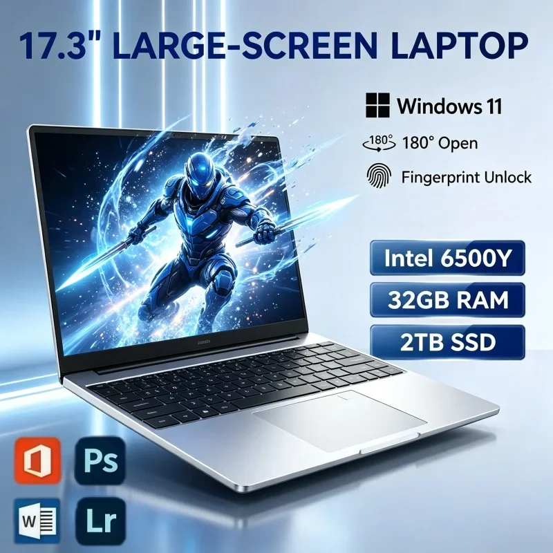 2026 Large Display 17.3 Inch Laptop Intel 6500Y 32GB RAM 2TB SSD Win11 Fingerprint Lock Portable PC For Daily Office