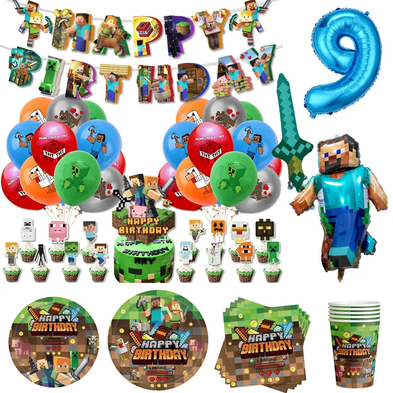 Décorations de fête d'anniversaire Pixel Games, vaisselle, gobelets, assiettes, nappe, ballons My World, fournitures de fête pour bébé garçon