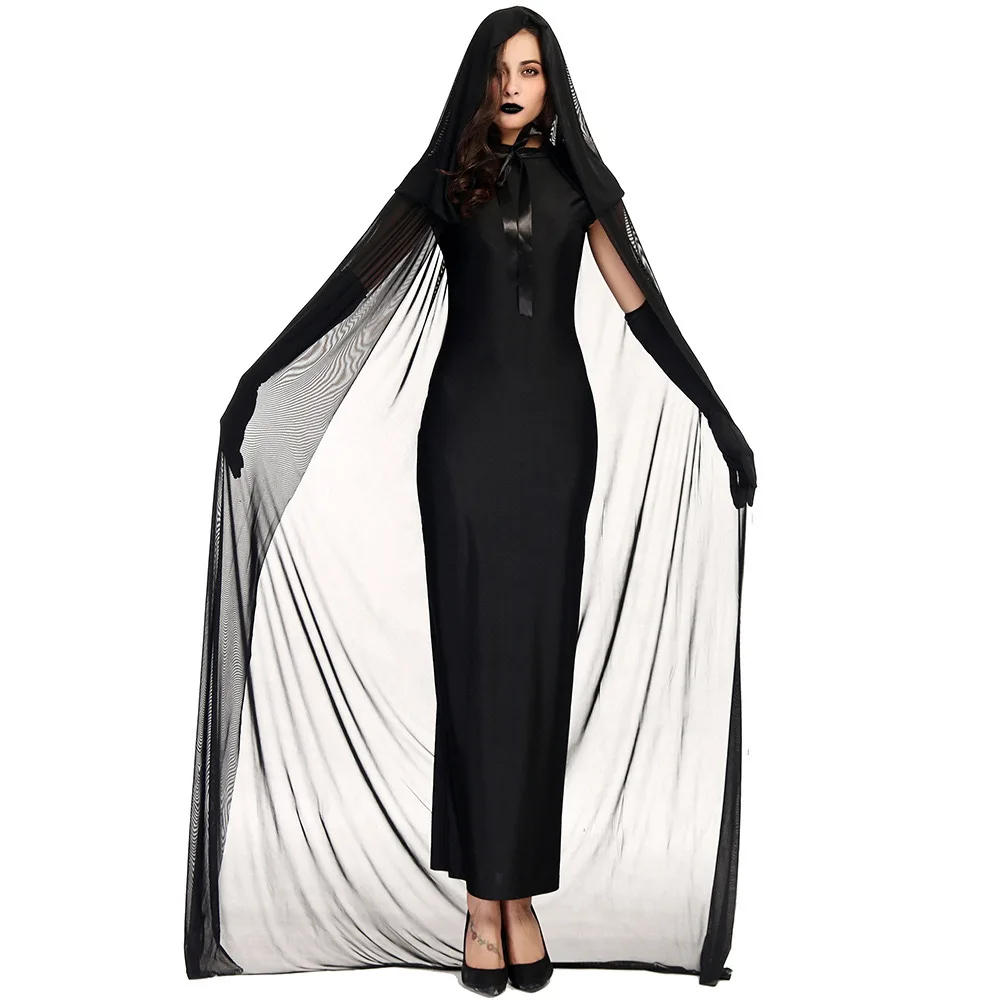 Black Women Halloween Witch Sorceress Costume Female Scary Ghost Cosplay Carnival Purim Parade Stage Role Play Show Party Dress