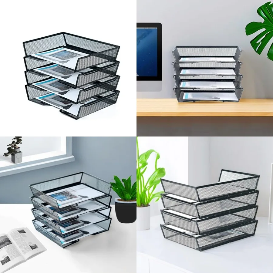 4 Tier Metal Mesh Desk Organizer with Stackable Letter Trays for Office Supplies Storage Black File Storage System Featuring Re