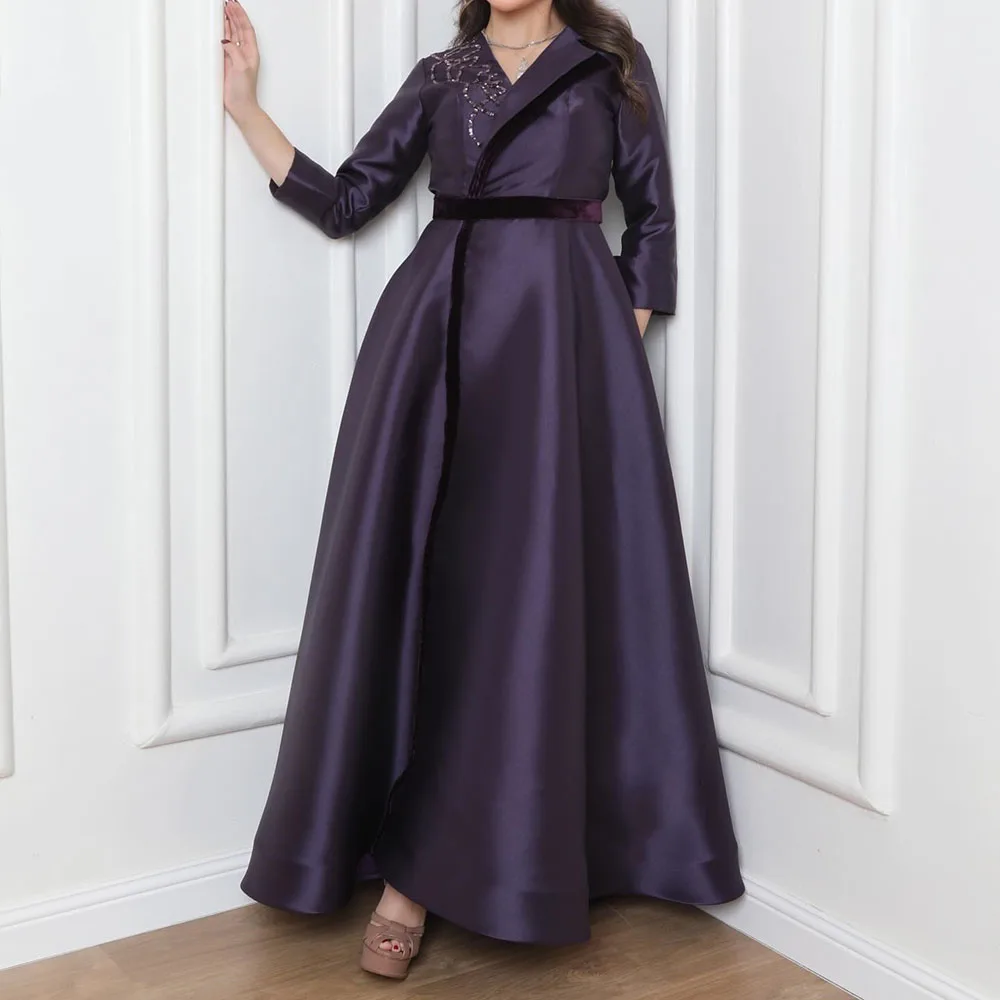 

Customized A-line Evening Dresses Ankle-length V-neck Full Sleeve Prom Gown Fashion Sequined Simple Draped Casual Party Gown