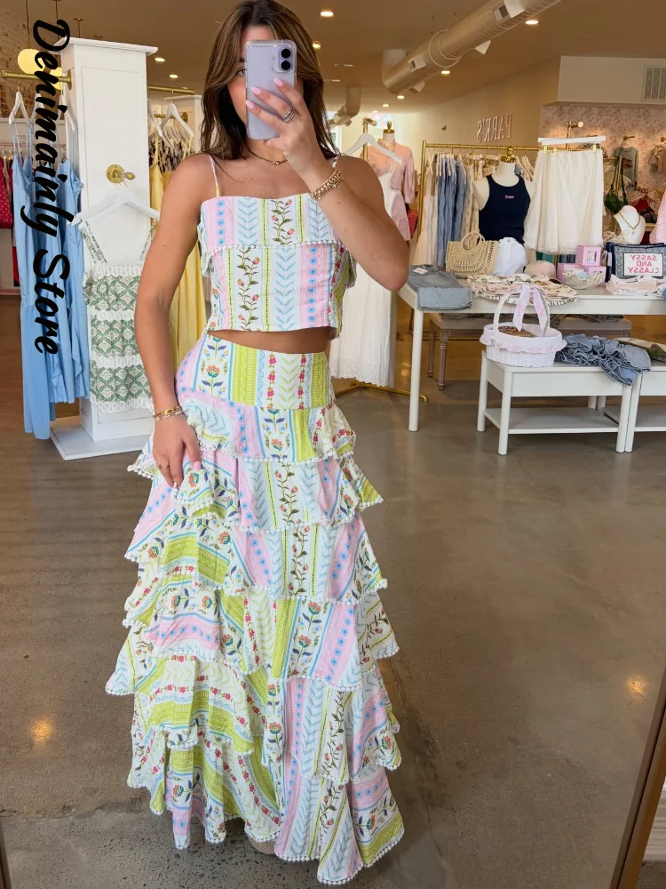 Fashion Women's Floral Printed Cascading Ruffle Skirt Sets Sleeveless Sling Top Cake Long Skirts 2026 Summer Lady Holiday Outfit