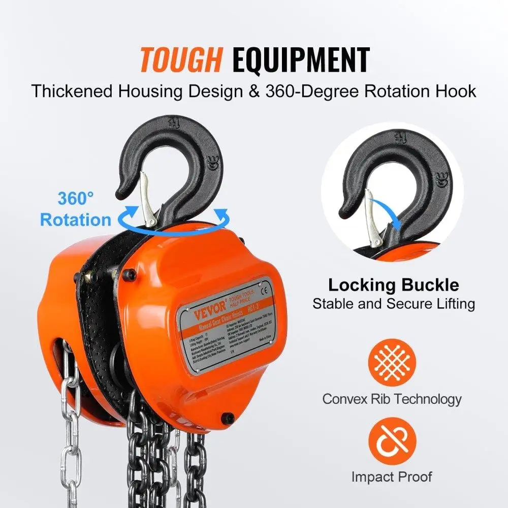 1 Ton Hand Chain Hoist 10FT Capacity - G80 Galvanized Steel, Double-Pawl Brake, 360° Hook for garage & Factory Use