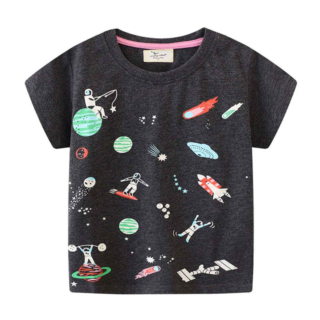 1-8yrs Boy's Glow-in-Dark Luminous T shirt for Kids Space Stars Moon Summer 100% Cotton Grey Tops Tees Clothes OKT239406