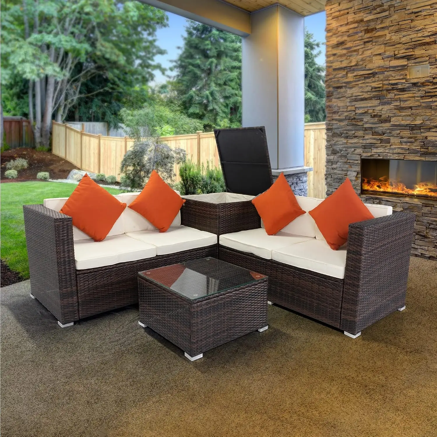 Outdoor Patio 4-Piece All-Weather Rattan Sectional Sofa Set with Storage Box & Coffee Table, Customized