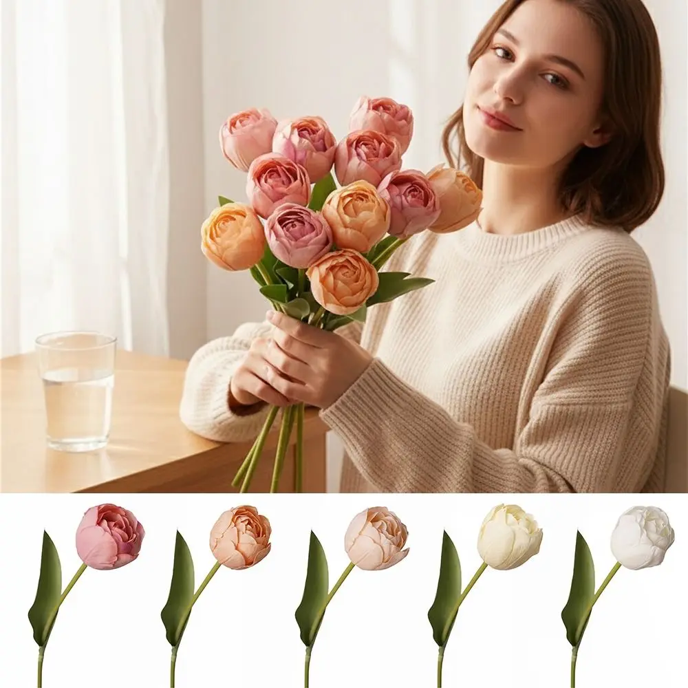 

Multicolor Tulip Artificial Flower Silk Petals Photo Props Faux Flowers Green Leaf Simulation Tulip Flower Floral Arrangement