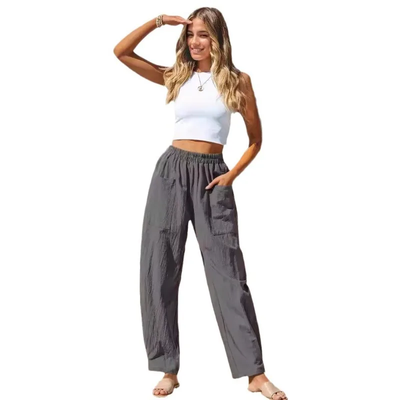 عادية المرأة سراويلي حريمي الصيف الإناث القطن الكتان فضفاض واسعة الساق السراويل الطويلة Homewear سراويل تقليدية النمط الكوري