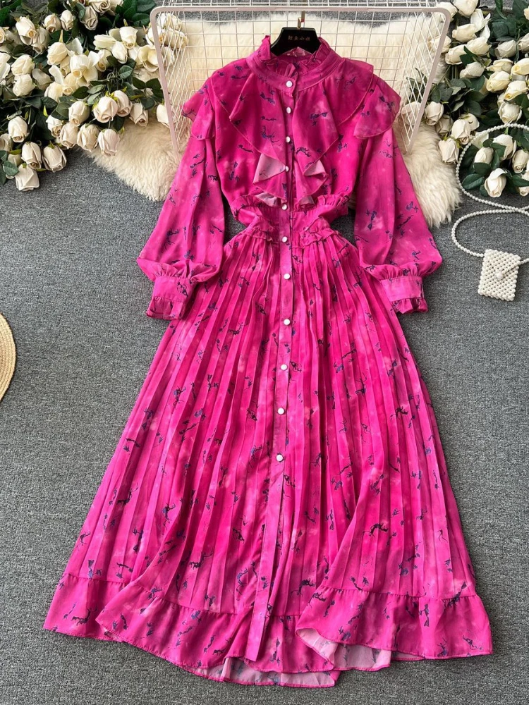 Women Elegant Print Chiffon Pleat A-line Dress Autumn High Neck Lantern Sleeves Ruffle Edge High Waist Slim Vacation Robe