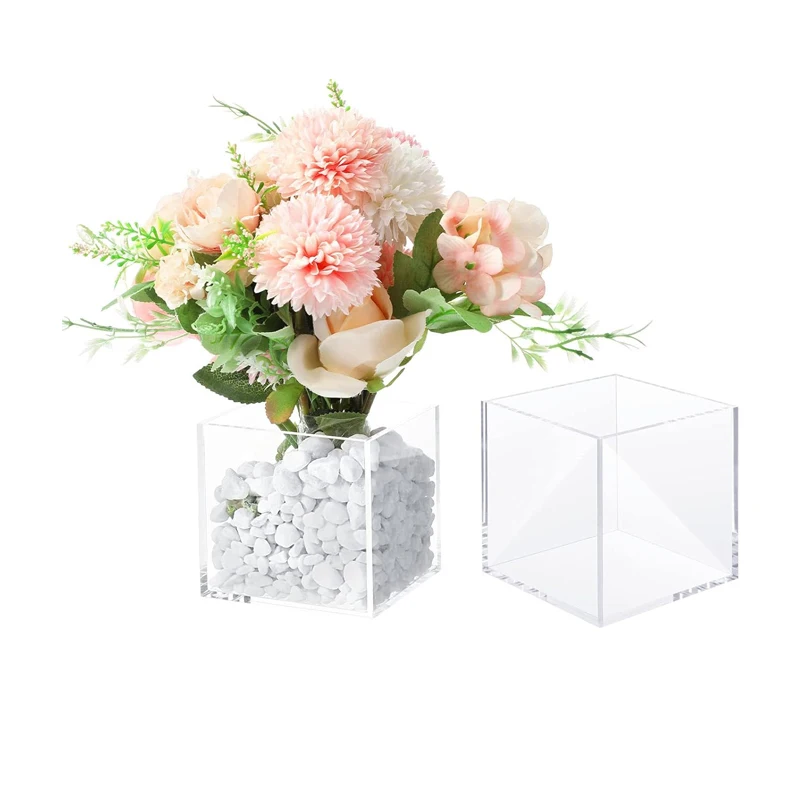 

1PCS Clear Acrylic Square Cube Vase For Flowers Decorative Centerpiece for Wedding Home Office Floral Decor (5x5x5Inch)