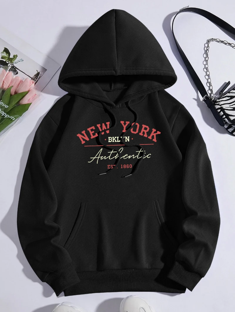 New York Brooklyn Authentic Hoodies Womens Letter Printing Hooded Loose Fleece Warm Pocket Streetwear Sporty Womans Clothing