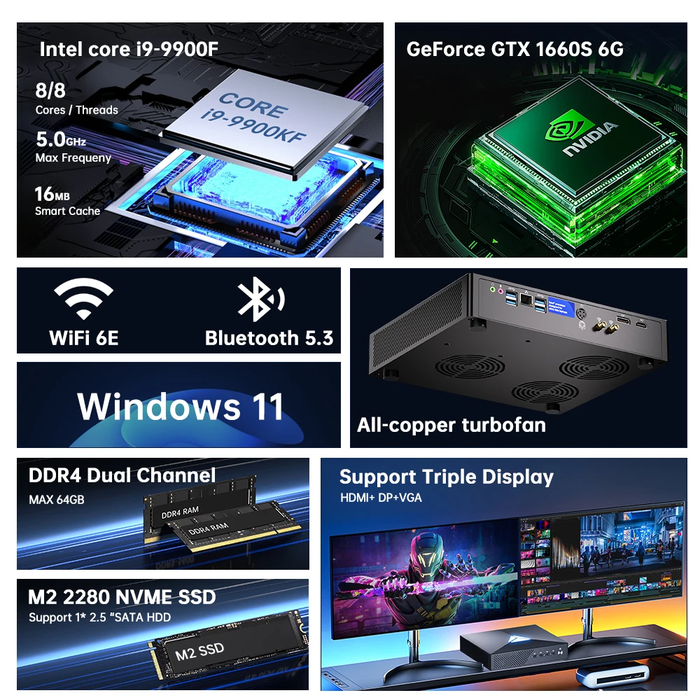 MSECORE MV200 Intel Core i9-9900T GTX1660S 6GB juego de cartas dedicado Mini PC Windows 11 ordenador de escritorio NVME SSD 2 * DDR4 4K wifi6