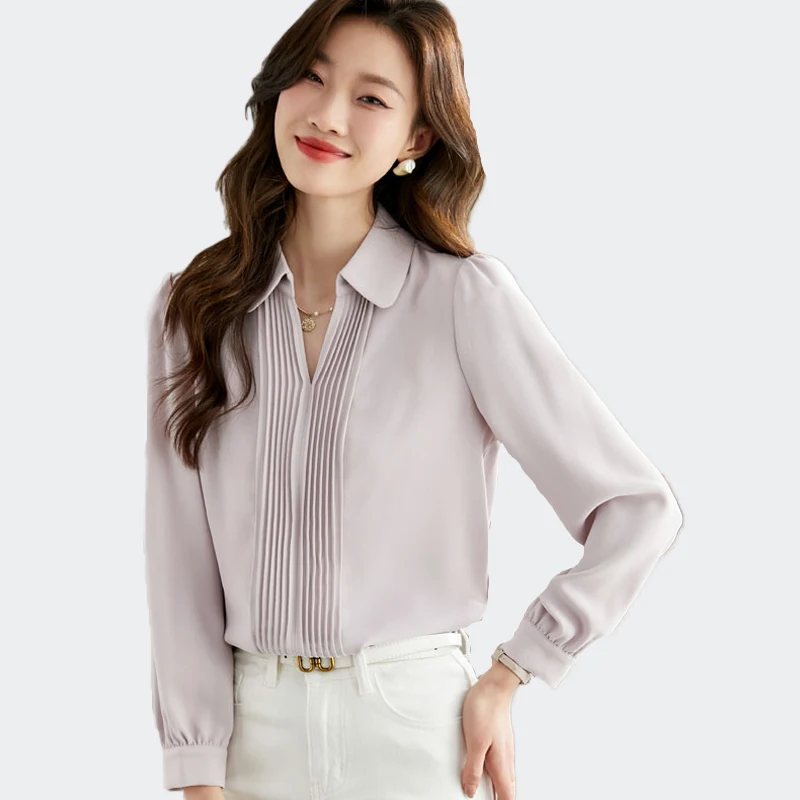 

Korean Style High Quality Women Blouse Chic Folds V-Neck Office Lady Formal Shirts Elegant Female Tops Casual Clothing