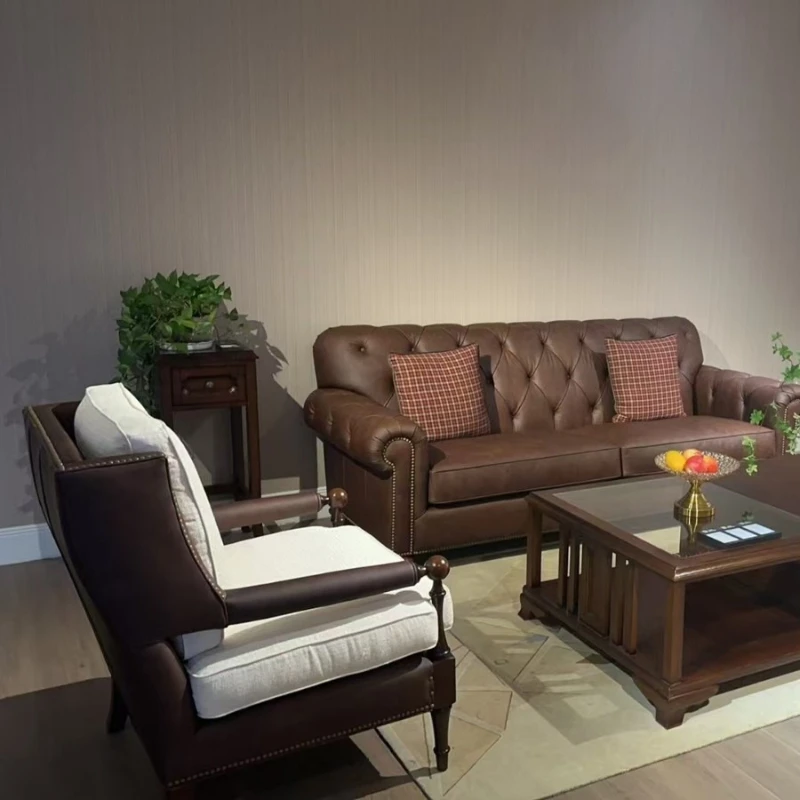 

Leather sofa brown old oil wax leather straight row antique living room villa furniture