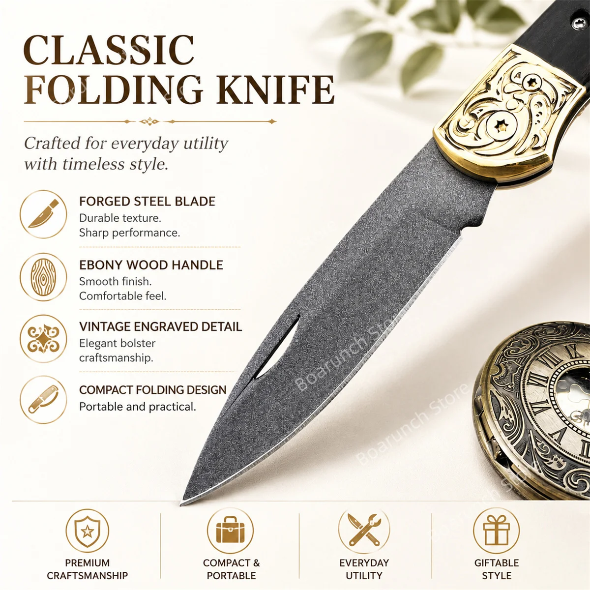 Cross Pattern Folding Pocket Knife High Quality Forging Steel Blade, Ebony Handle, Outdoor EDC Camping Knife Hiking Knife