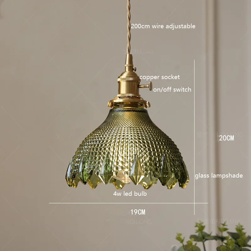 IWHD Modern Green Glass LED Pendant Lamp Beside Copper Wood Handle Bedroom Dinning Living Room Nordic Hanging Light Pendente