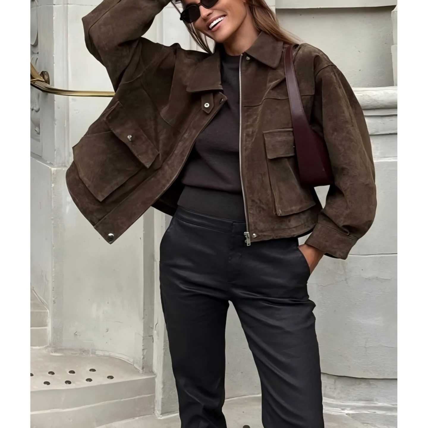 معطف شتوي نسائي من Retro Sle طويل من جلد الغزال السويدي مع سحاب إغلاق بطول ort رفيع عادي