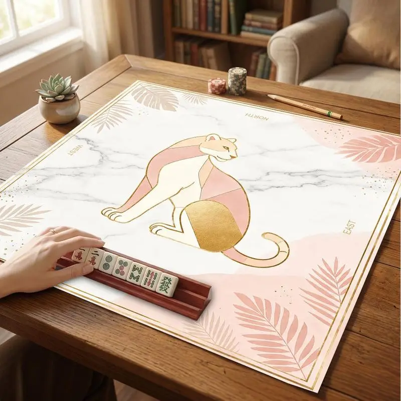VIKAMA Pink Gold Marble Leopard Mahjong Mat Four Directions Zoned Non Slip Luxury American Mahjong Table Pad