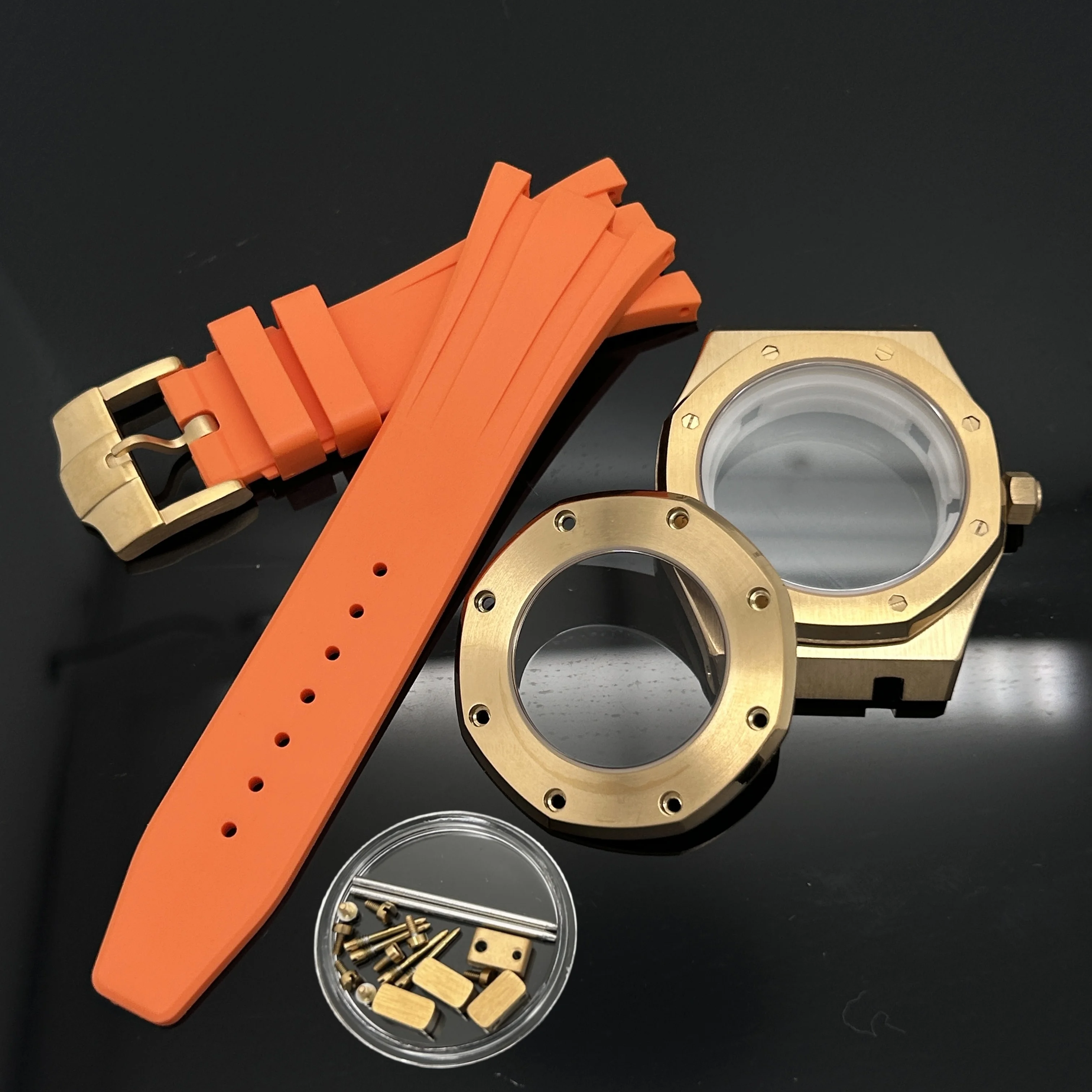 41MM Zilver Zwart Goud Kast Siliconen Band Gesp Fit Royal Oak NH35 NH36 NH70 Beweging Automatisch Horloge voor 31.8mm Wijzerplaat Wijzers